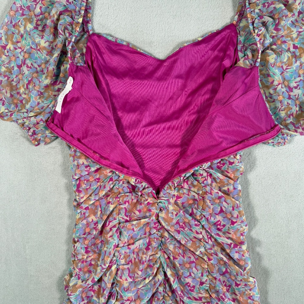 Lush Dress Womens Medium Floral Multicolor Ruched Puff Sleeve Sweetheart Mini - Picture 7 of 12